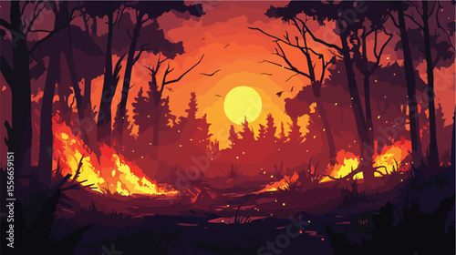 Forest Fires Tragedy Flat Vector Illustration