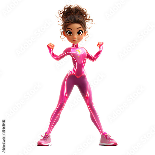 Cartoon girl in a pink suit with a lightning bolt emblem standing with arms raised and legs spread