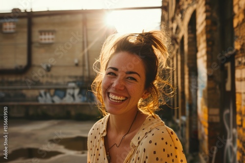 Portrait of a happy young woman enjoying the sun in the city.