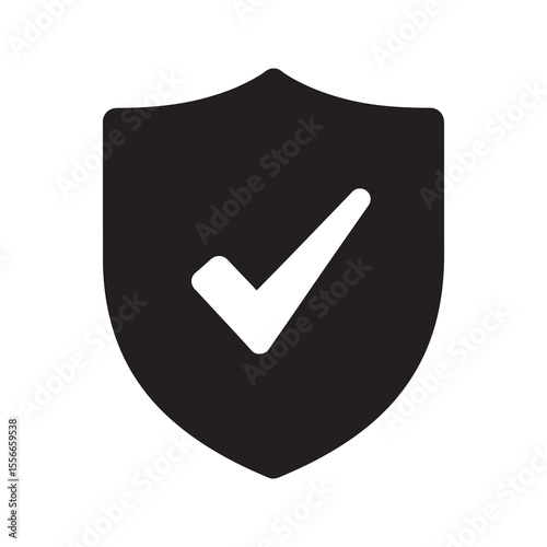 Security shield solid glyph icon with checkmark for protection safety and verified system guarantee for data privacy and insurance approval vector