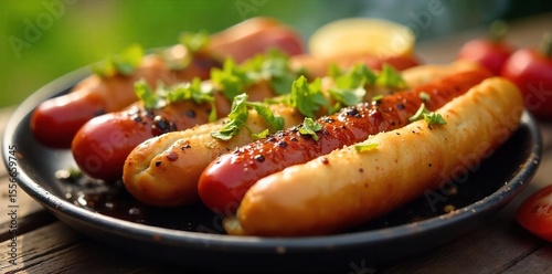 A sizzling platter of grilled hot dogs, perfectly cooked and ready to be served, alongside classic barbecue sides Juicy, flavorful, and perfect for a summer cookout , delicious meal, delicious