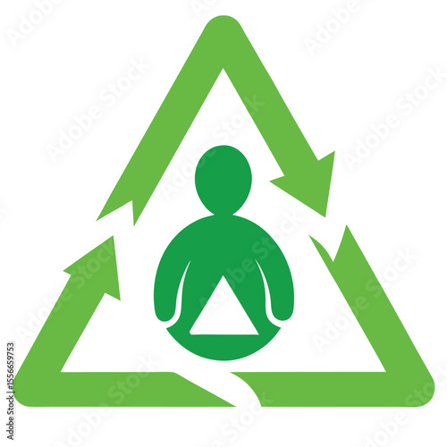 Green recycling triangle icon with a subtle hum or sound wave element