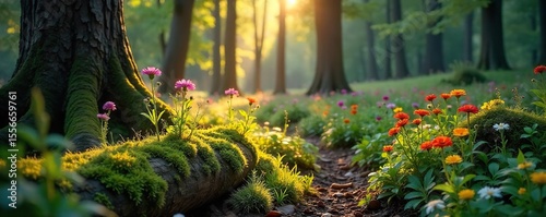 Sunlight dapples the forest floor, illuminating a mossy log and vibrant wildflowers amidst ancient trees A tranquil scene of woodland serenity, perfect for nature themes , woods, tranquility