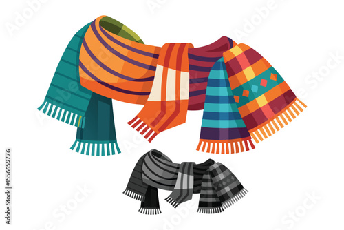 A vibrant collection of colorful scarves with various patterns ideal for the winter season vector illustration design
