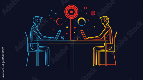 Four Workers Seated at Table Coworking Line Style
