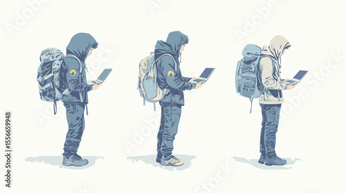 Professional Coworking Concept with Four Workers Using Laptops and Gear
