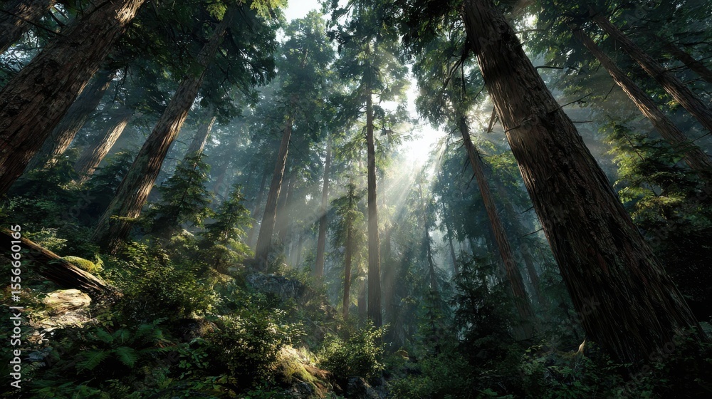 Obraz premium Forest with sunlight shining through the trees. isolated-3d-background