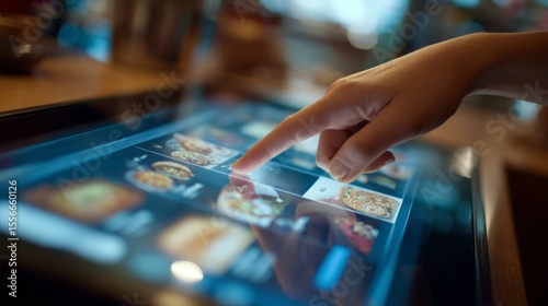 Fototapeta Naklejka Na Ścianę i Meble -  Ordering food using a touchscreen menu in a modern restaurant during dinner hours
