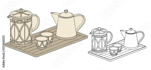 Artistic illustration of a coffee pot, teapot, and matching teacups displayed on a serving tray in a line art style
