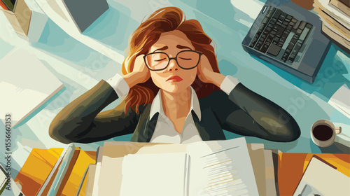 Tired Business Employee Sleeping at Work - Vector Illustration