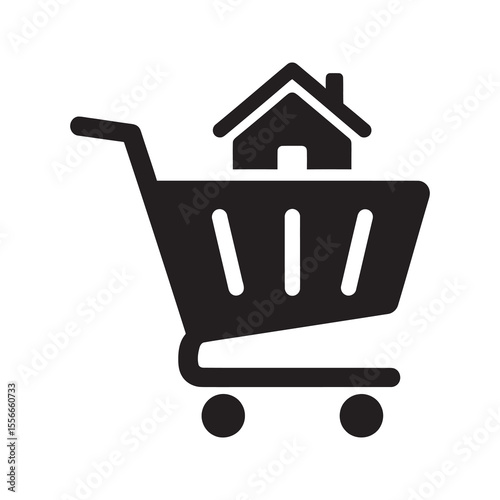 Real estate shopping solid glyph icon with house in a cart for buying property home purchase and investment in new home market online vector