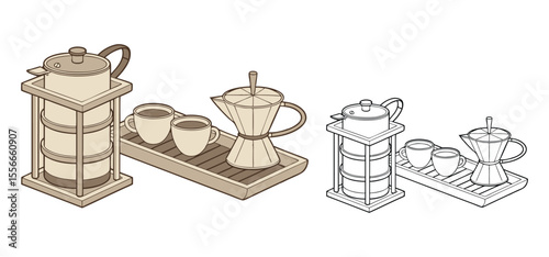 Artistic illustration of coffee making equipment alongside two cups of coffee on a tray with a minimalist sepia tone.