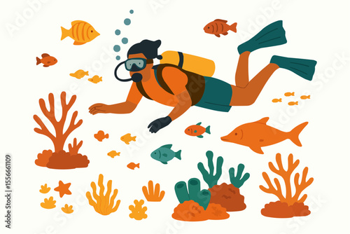 スキューバダイビング中の人物と海の生き物たちのイラスト