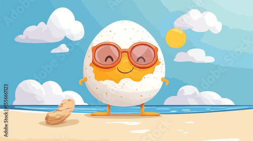 Cheerful Fried Egg Mascot Enjoying Vacation in Flat Vector Illustration