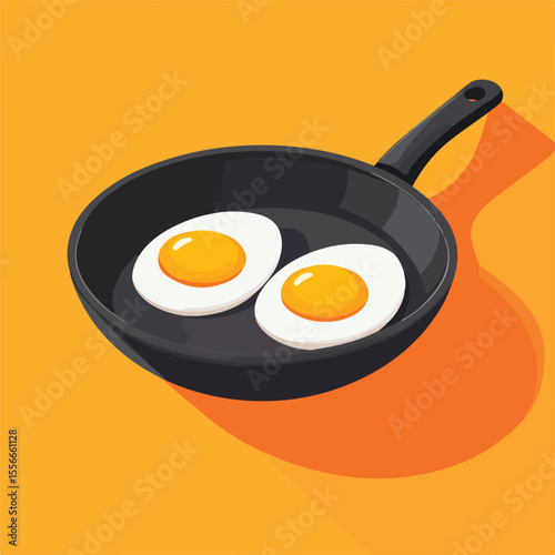 Delicious Fried Eggs in Pan Flat Style with Long Shadow Isolated