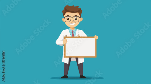 Friendly Scientist Presenting with Blank Presentation Board