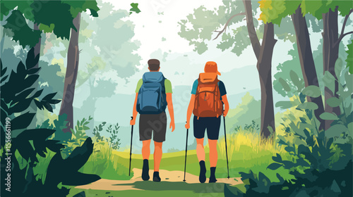 Friends Hiking in the Forest - Flat Vector Illustration