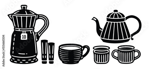Black and white coffee pot tea kettle cups and glasses simple vector illustration of coffee and tea tools