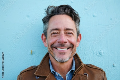 Portrait of a handsome middle-aged man smiling against a blue wall