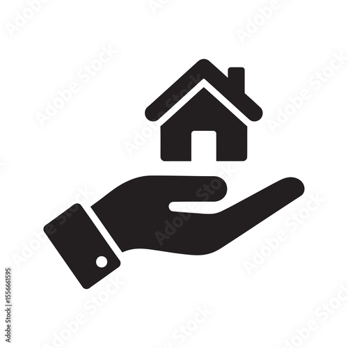 Home insurance solid glyph icon with umbrella protecting a house for property safety real estate coverage and risk management protection vector