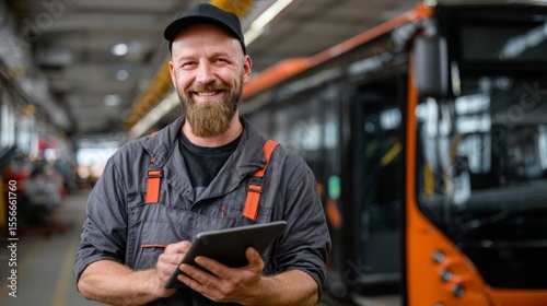 Smiling technician using a tablet in a bus maintenance facility during a work shift