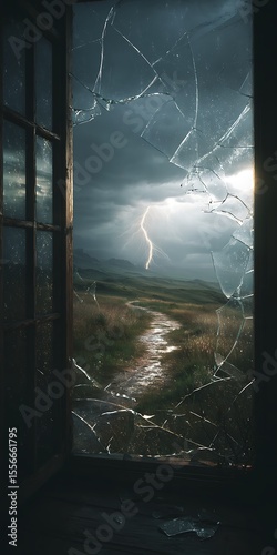 Broken Window View of Stormy Landscape with Lightning and Dark Clouds