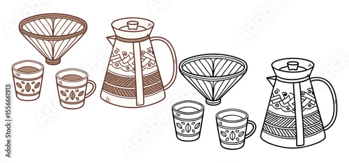 Charming hand drawn coffee set vector featuring coffee pour over, cups, and beautifully designed coffee pitcher illustration