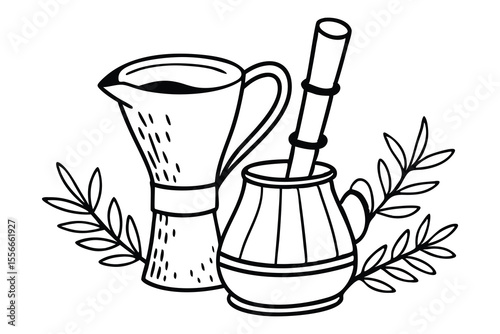 Black and white line art illustration of traditional south american yerba mate tea set with sprigs of leaves