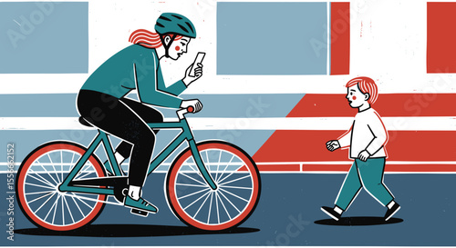 Bicycle rider texting while riding, almost hitting a child crossing street  