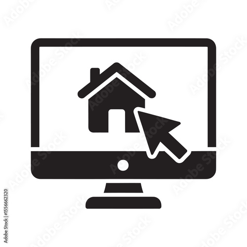 Online real estate solid glyph icon with house on computer for property search buying home online and smart home control application service vector