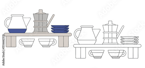 Coffee and teatime composition featuring coffee makers teapots plates and cups displayed on simple shelves