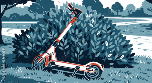 Electric scooter thrown into a bush in a city park, discarded after use  