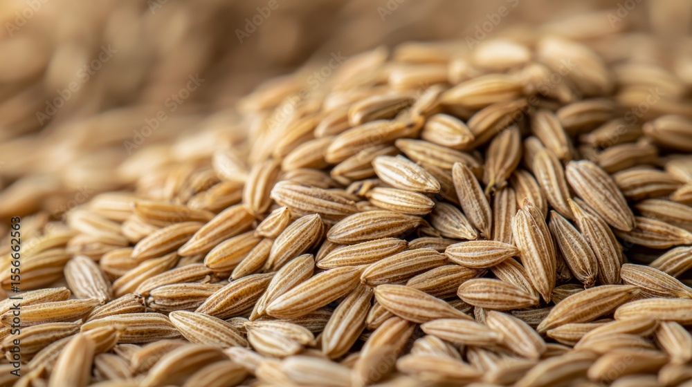 Obraz premium Golden pile of paddy rice grains, close-up view