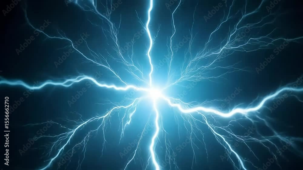 Energy bursts with electric blue lightning strikes on a dark night, showcasing raw power and intensity in a visual display.