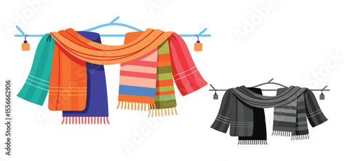Colorful and monochromatic scarves with hangers on display ideal for winter season design or accessories
