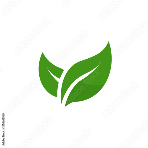 Minimalist vector logo design with two green leaves for eco-friendly garden products, flat colors on white background, simple shapes