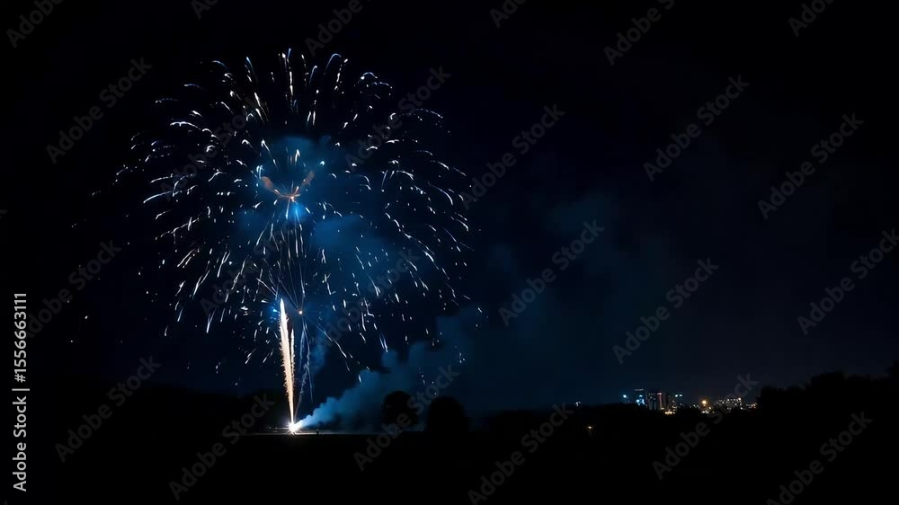 Brilliant burst of blue fireworks light up a dark night sky, celebration time with a beautiful colorful pyrotechnic display.
