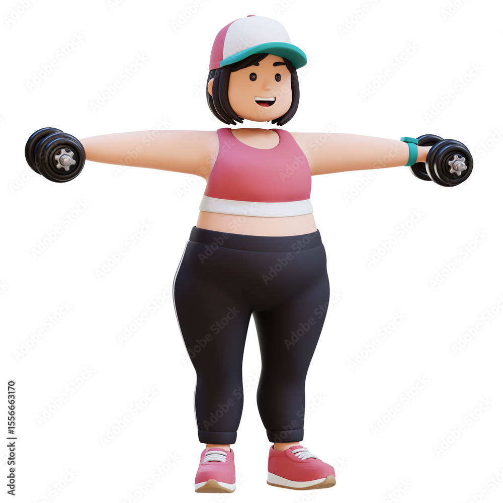 Obraz premium 3D Plus Size Overweight girl in Dumbbell Lateral Raise