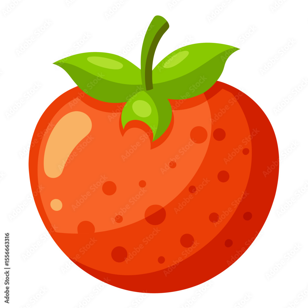 A bright red cartoon strawberry with green leaves and stem isolated on white A bright red cartoon strawberry with green leaves and stem isolated on white