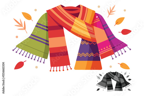 Colorful autumn scarf illustration with falling leaves and a duplicate in monochromatic style on white background