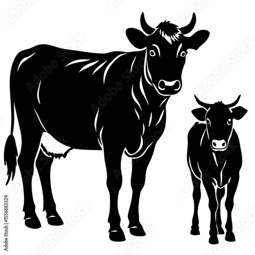 Black silhouette of a cow and calf standing together on white background