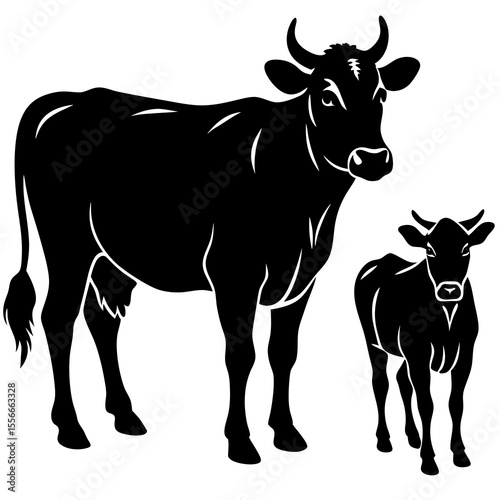 Black silhouette of a mother cow and her calf standing together