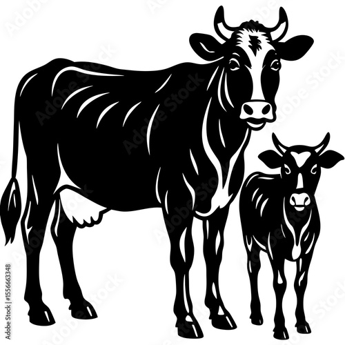 Black and white illustration of a mother cow and her calf standing together