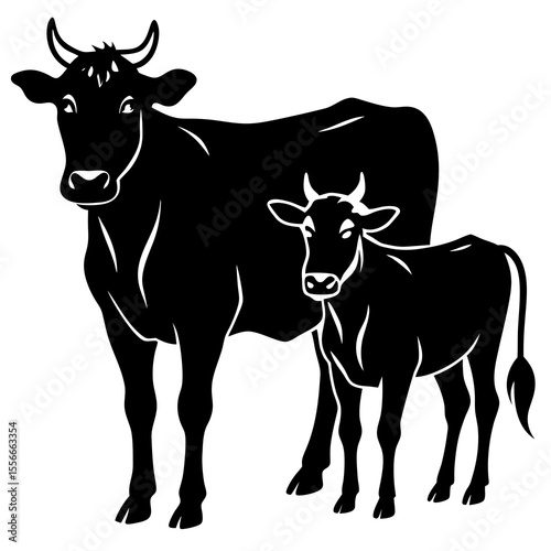 Black silhouette of a mother cow standing with her calf on a white background