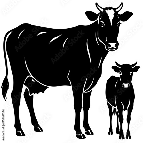 Black silhouette of a mother cow standing next to a calf on a white background