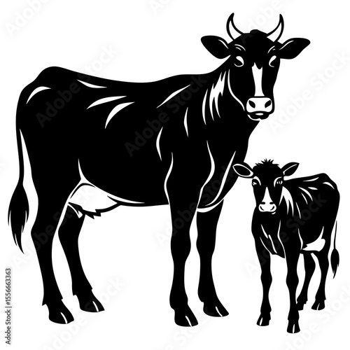 Black and white illustration of a mother cow and her calf standing together
