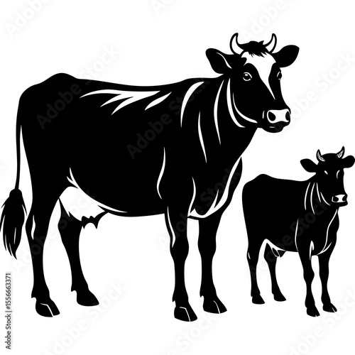 Black and white silhouette of a mother cow and her calf standing together