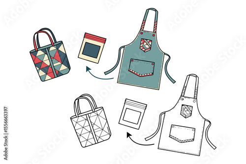 Colorful aprons and shopping bags with geometric patterns and accessories illustrated in a flat vector design