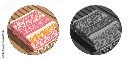 Colorful stacked beach towels on a wooden surface and in black and white depicting leisure and relaxation