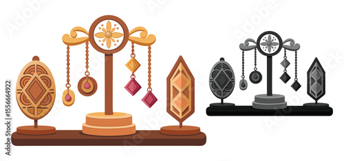 Decorative jewelry display stands with intricate geometric and symmetrical designs in two distinct color schemes.